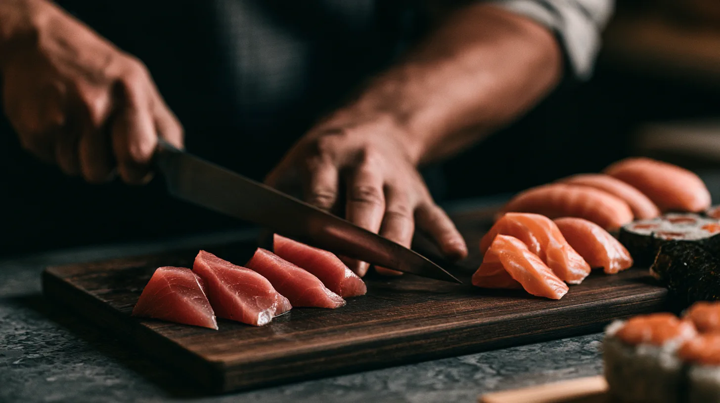 Sushi chef slicing fresh tuna and salmon sashimi on a wooden board